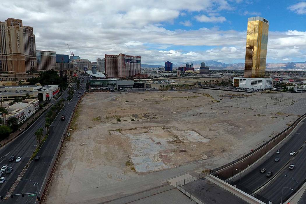 Aerial photo of property owned by Wynn Resorts at the southwest corner of Las Vegas Boulevard a ...