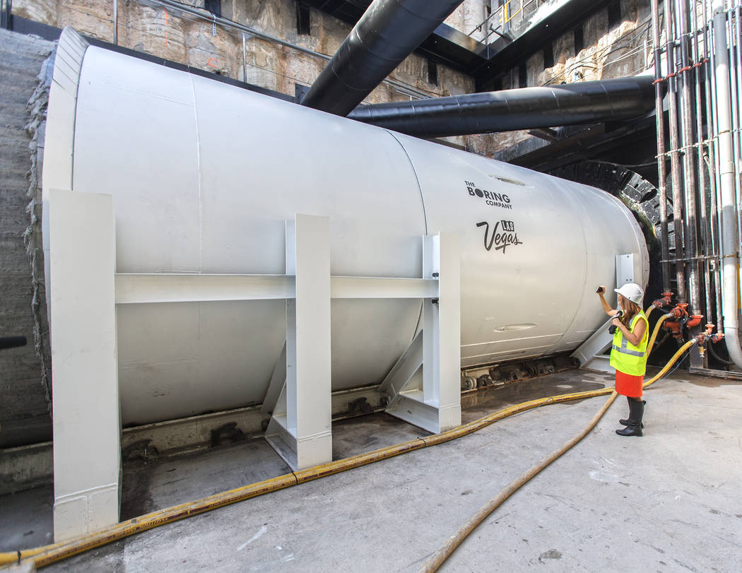 A tunnel boring machine is seen at the construction site during a media tour at the Las Vegas ...