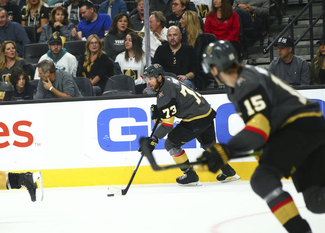Golden Knights' Brandon Pirri (73) moves the puck during the second period of an NHL hockey gam ...