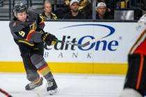 Vegas Golden Knights center Cody Glass (9) fires a shot a goal versus the Anaheim Ducks during ...