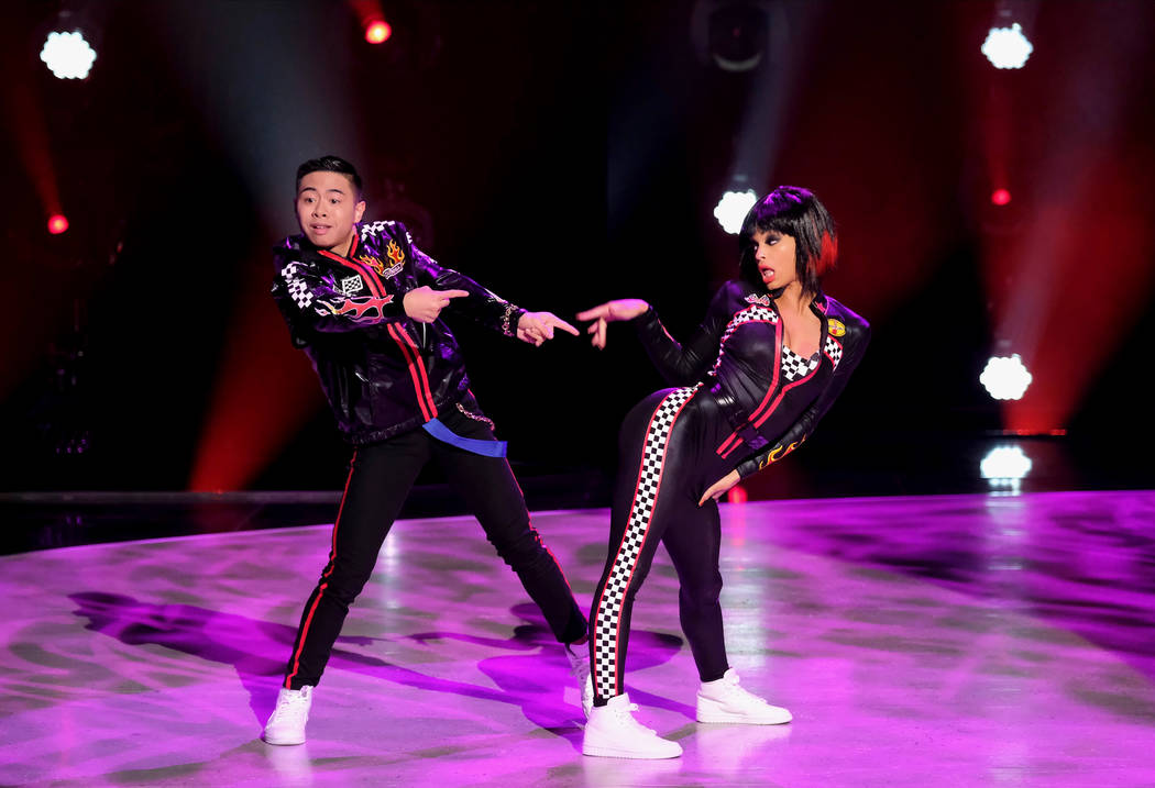 Top 10 contestants Bailey Munoz, left, and Mariah Russell perform a Hip-Hop routine to “Tempo ...