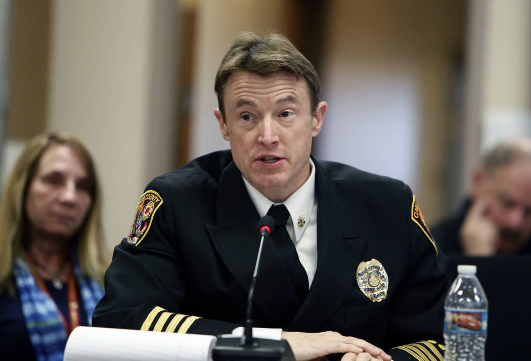 Clark County Deputy Fire Chief John Steinbeck speaks during the Nevada Homeland Security Commis ...