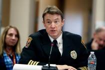Clark County Deputy Fire Chief John Steinbeck speaks during the Nevada Homeland Security Commis ...
