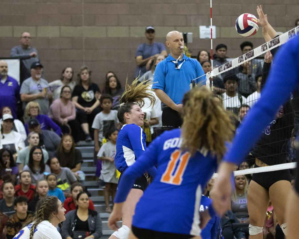 Bishop Gorman's Tommi Stockham (3) makes a kill during the match against Durango High School at ...