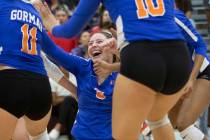 Bishop Gorman's Tommi Stockham (3) celebrates a successful kill during the match against Durang ...