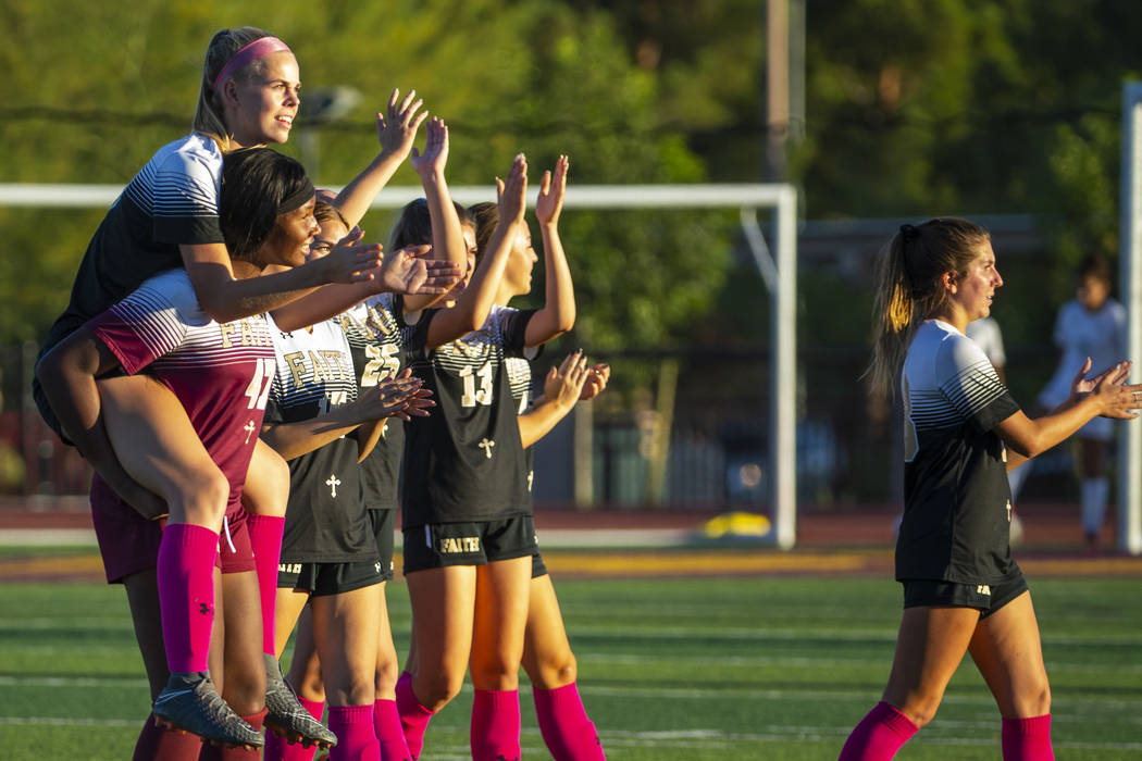 Members of the Faith Lutheran girls soccer team, shown Monday, Oct. 7, 2019, in Las Vegas. (L.E ...