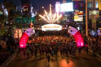 Runners leave the starting line during the 2018 Rock 'n' Roll Marathon on the Strip in Las Vega ...