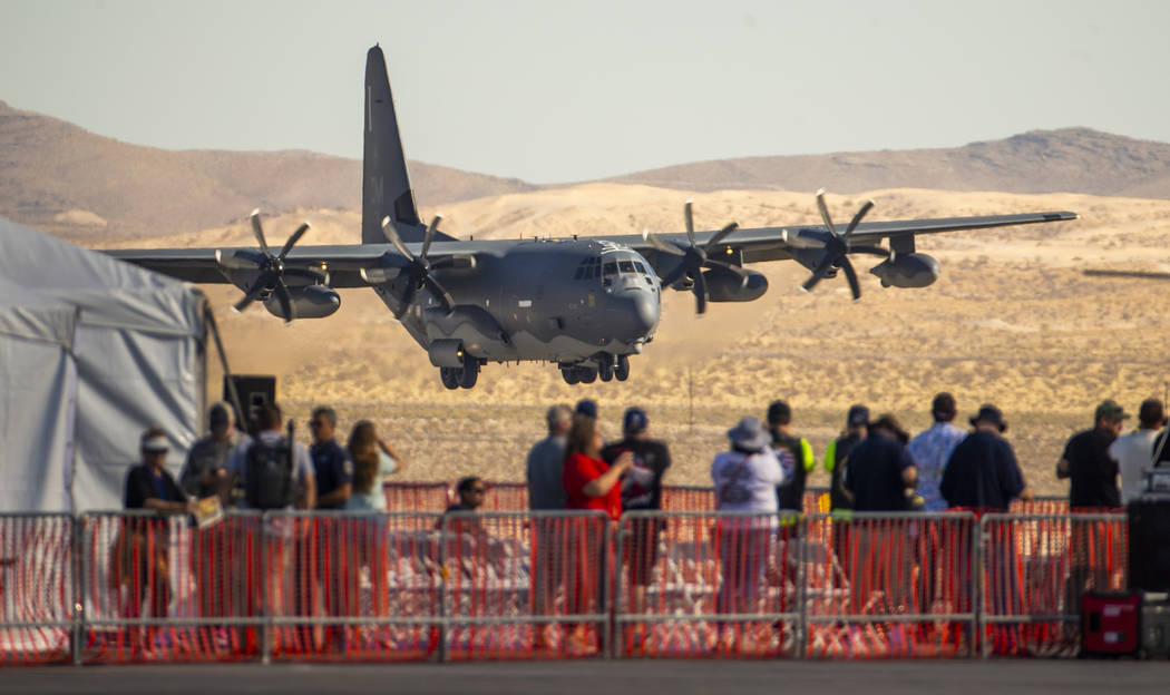 A C-130 Hercules makes its final approach to land during the Aviation Nation at Nellis Air Forc ...