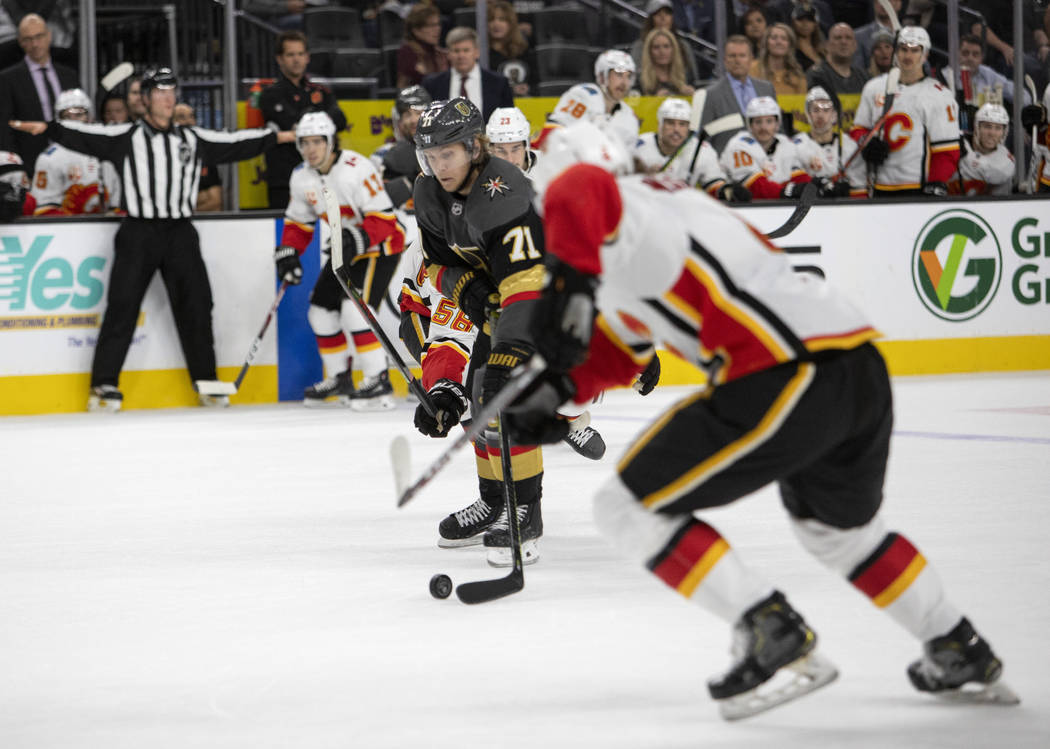 Golden Knights center William Karlsson (71) skates toward the goal before scoring the final goa ...