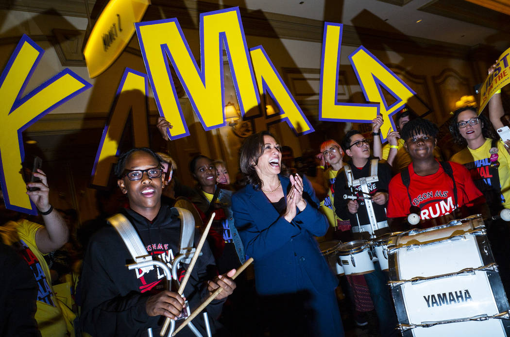 U.S. Sen. Kamala Harris, D-Calif., is welcomed by the Gibson Middle School drumline before the ...