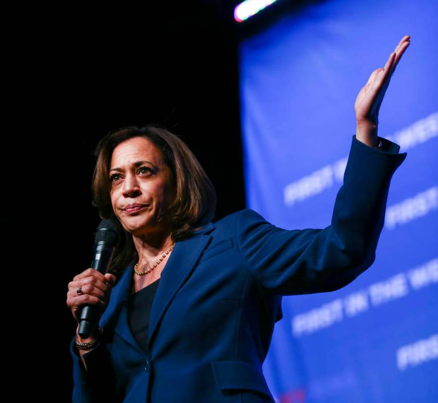 Democratic presidential candidate Sen. Kamala Harris, D-Calif., speaks during the Nevada State ...