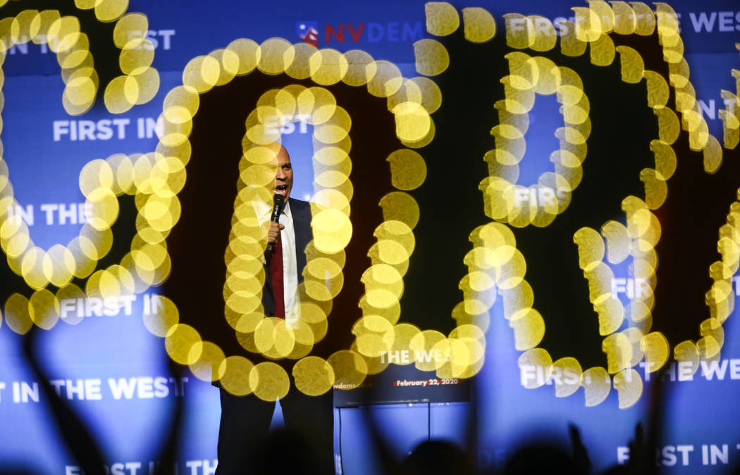Democratic presidential candidate Sen. Cory Booker, D-N.J., speaks during the Nevada State Demo ...