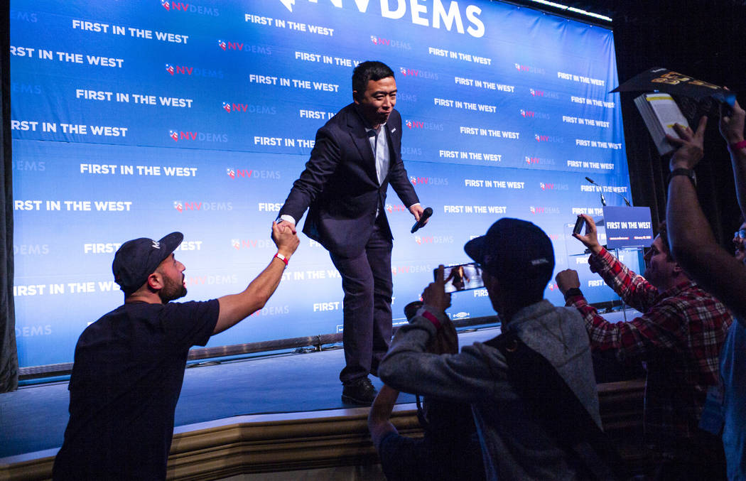 Democratic presidential candidate and entrepreneur Andrew Yang greets supporters during the Nev ...