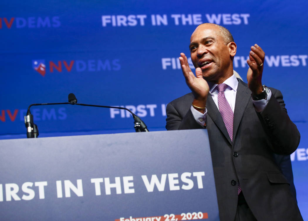 Democratic presidential candidate and former Massachusetts Gov. Deval Patrick claps during the ...