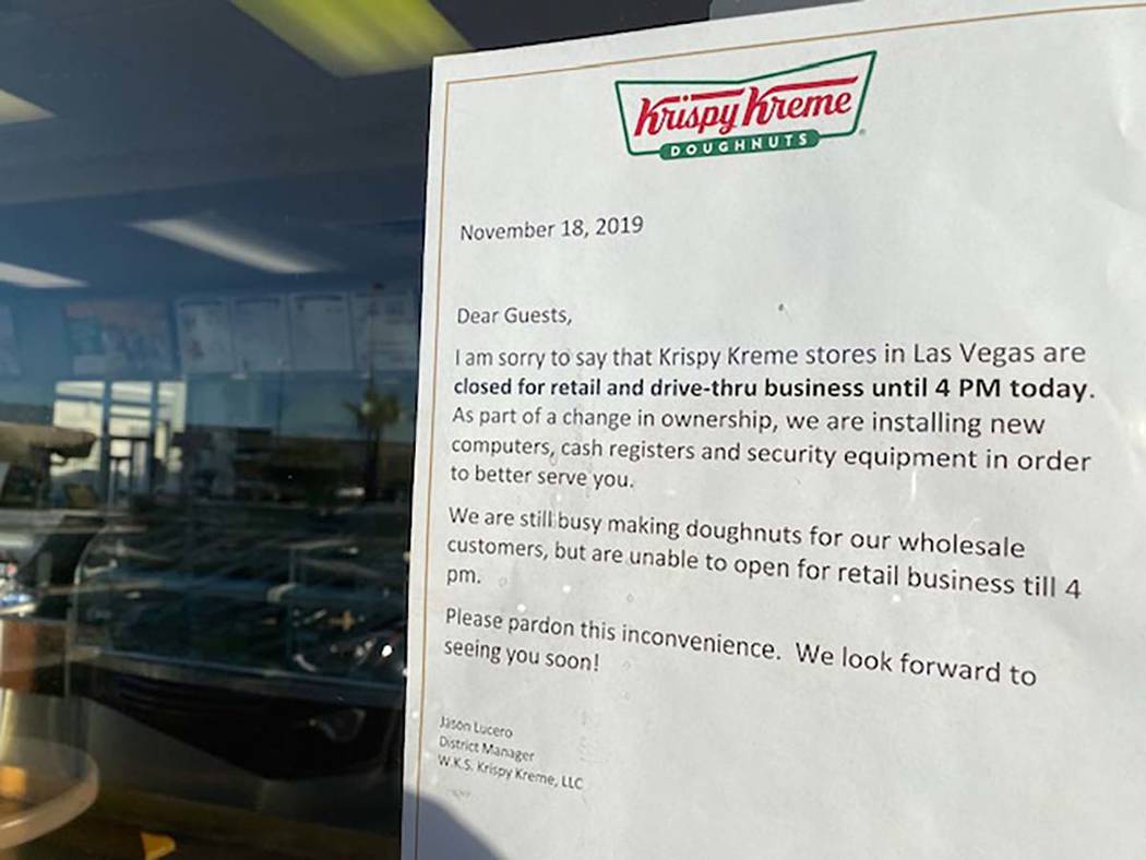 Letter posted on the door of the Krispy Kreme store at 7015 W. Spring Mountain Road on Monday, ...