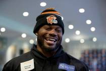 Cincinnati Bengals' linebacker Preston Brown speaks to journalists after an NFL practice sessio ...