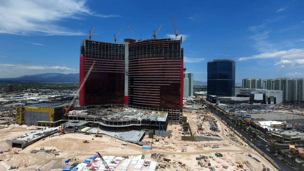 An aerial photo of the Chinese-themed Resorts World Las Vegas under construction on the former ...