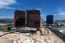 An aerial photo of the Chinese-themed Resorts World Las Vegas under construction on the former ...