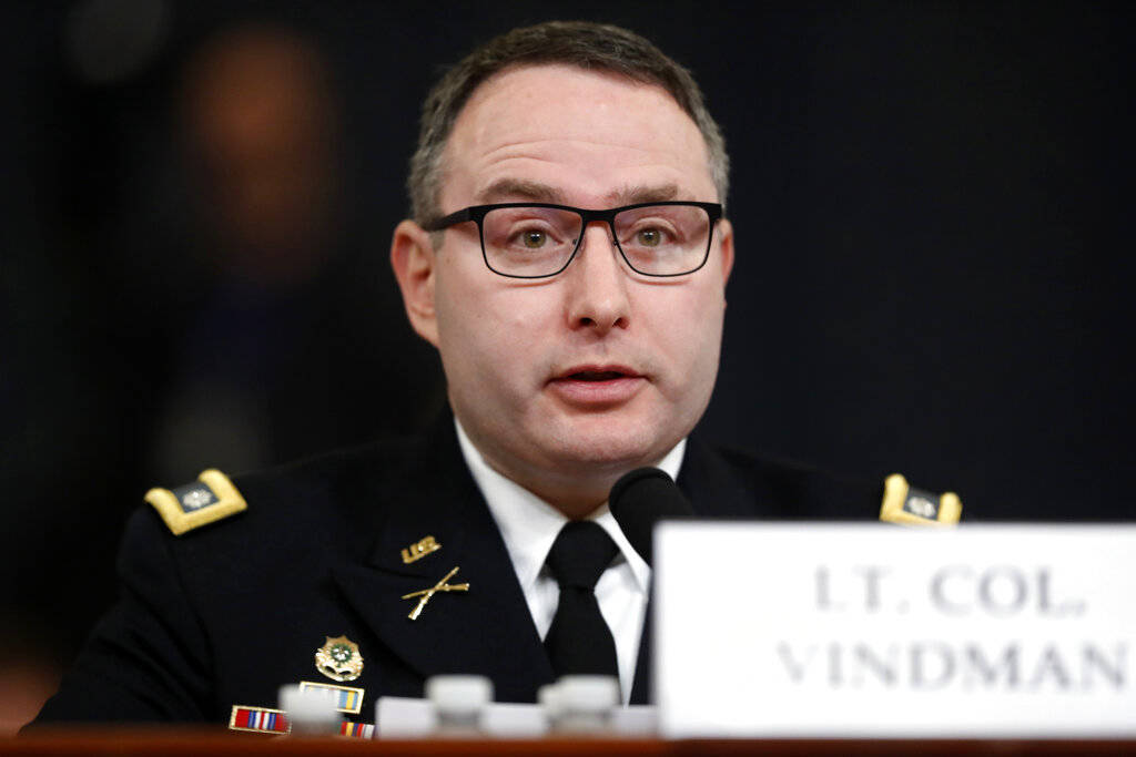 National Security Council aide Lt. Col. Alexander Vindman testifies before the House Intelligen ...
