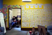 In this Oct. 1, 2019, photo, the "What Brings You Joy?" wall is covered with people's ...