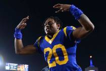 Los Angeles Rams cornerback Jalen Ramsey celebrates the team's win over the Chicago Bears in an ...