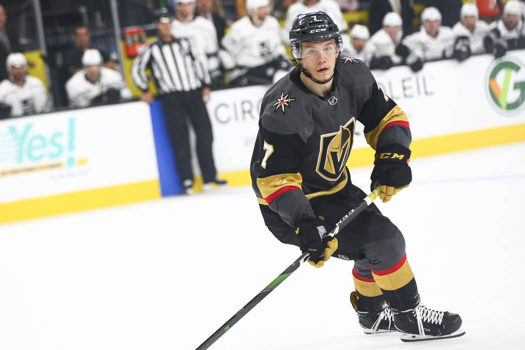 Golden Knights' Valentin Zykov (7) looks on during the first period of an NHL hockey game again ...