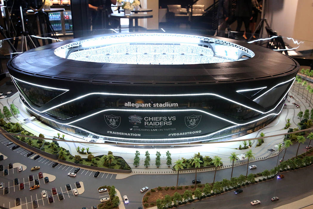 A Raiders Stadium model is displayed during a press conference on Monday, Oct. 14, 2019, in Las ...