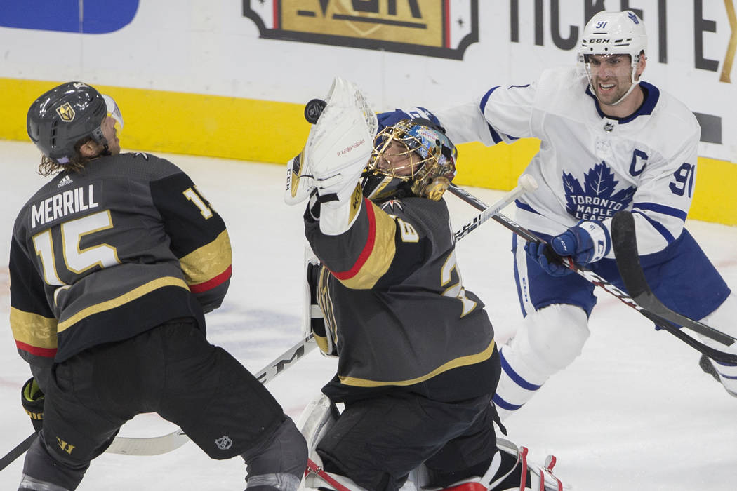 Vegas Golden Knights goaltender Marc-Andre Fleury (29) makes a save against Toronto Maple Leafs ...