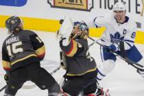 Vegas Golden Knights goaltender Marc-Andre Fleury (29) makes a save against Toronto Maple Leafs ...