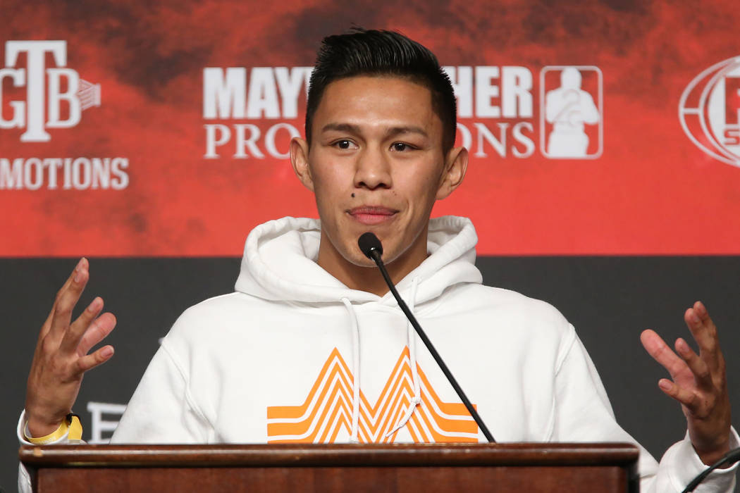 Miguel Flores speaks during a press conference at the MGM Grand Garden Arena in Las Vegas, Wedn ...