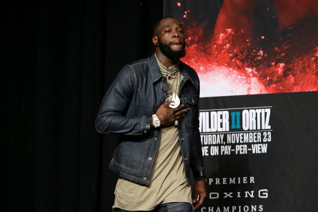 Deontay Wilder takes the stage during a press conference at the MGM Grand Garden Arena in Las V ...