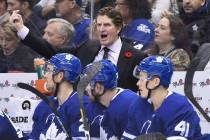 Toronto Maple Leafs coach Mike Babcock reacts as his team plays the Vegas Golden Knights during ...