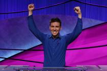 Las Vegan James Holzhauer celebrates after winning the “Jeopardy!” Tournament of Champions. ...