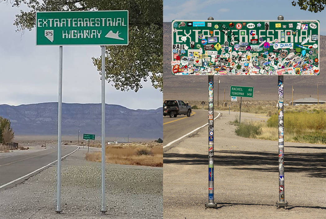 A new version of the "Extraterrestrial Highway" sign at the junction of state Routes 318 and 37 ...