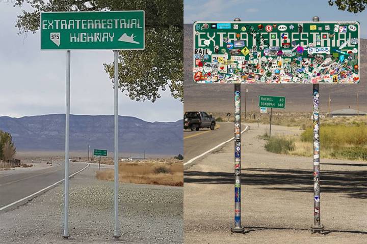 A new version of the "Extraterrestrial Highway" sign, left, at the junction of state Routes 318 ...