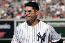 In this Aug. 30, 2017, file photo, New York Yankees' Jacoby Ellsbury reacts after grounding out ...