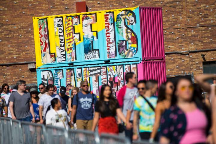 Attendees arrive for day 2 of the Life is Beautiful festival in downtown Las Vegas on Saturday, ...