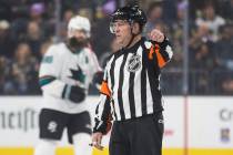 Referee Dan O'Halloran works the Vegas Golden Knights, San Jose Sharks NHL hockey game on Thurs ...