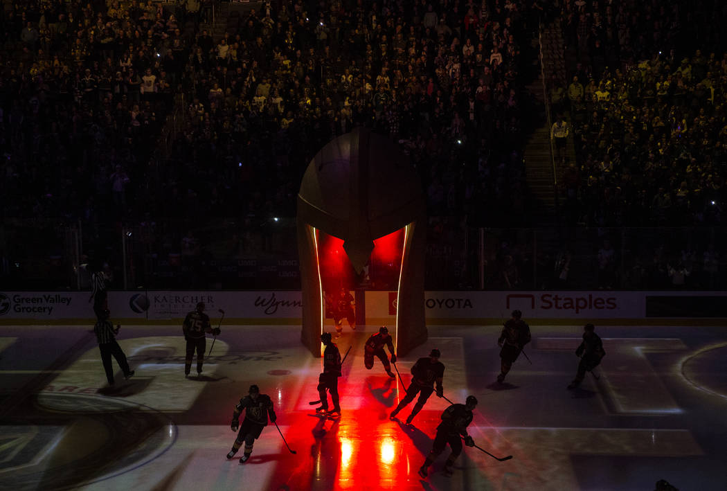 The Vegas Golden Knights take the ice before their NHL hockey game with the San Jose Sharks on ...