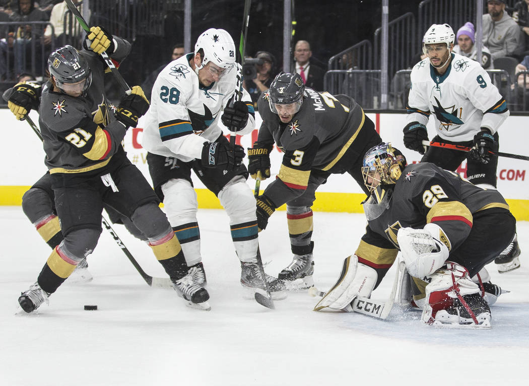 Vegas Golden Knights goaltender Marc-Andre Fleury (29) makes a save against San Jose Sharks rig ...