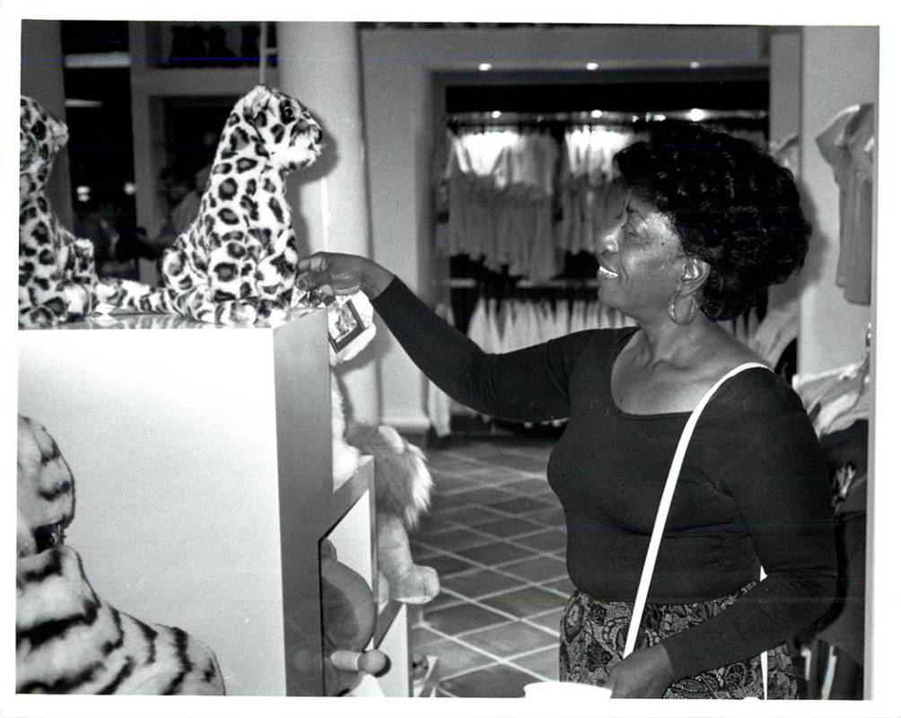 A visitor admires a stuffed tiger in the gift shop at The Mirage on Nov. 22, 1989. (Wayne Kodey ...