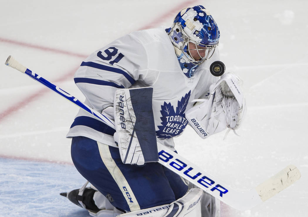 Toronto Maple Leafs goaltender Frederik Andersen (31) makes a save in the third period during t ...