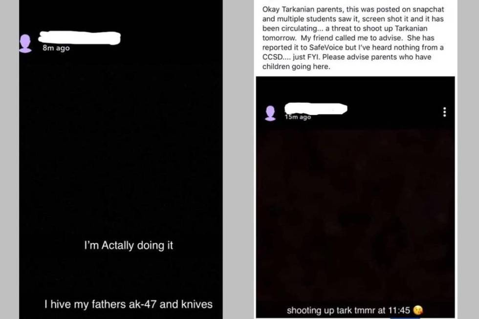 Screenshots from social media regarding threats against Tarkanian Middle School. Clark County S ...