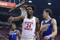 UNLV Rebels forward Joel Ntambwe (24) reacts after a play against the San Jose State Spartans i ...
