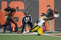 Pittsburgh Steelers wide receiver Johnny Holton (80) makes a diving attempt at the goal line bu ...