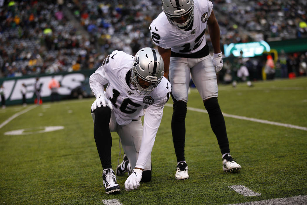Oakland Raiders wide receiver Tyrell Williams (16) remains on the field after dropping a catch ...