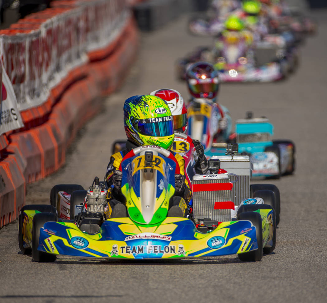 X30 Junior racer Connor Zilisch leads the pack down the straightaway during the SKUSA SuperNati ...