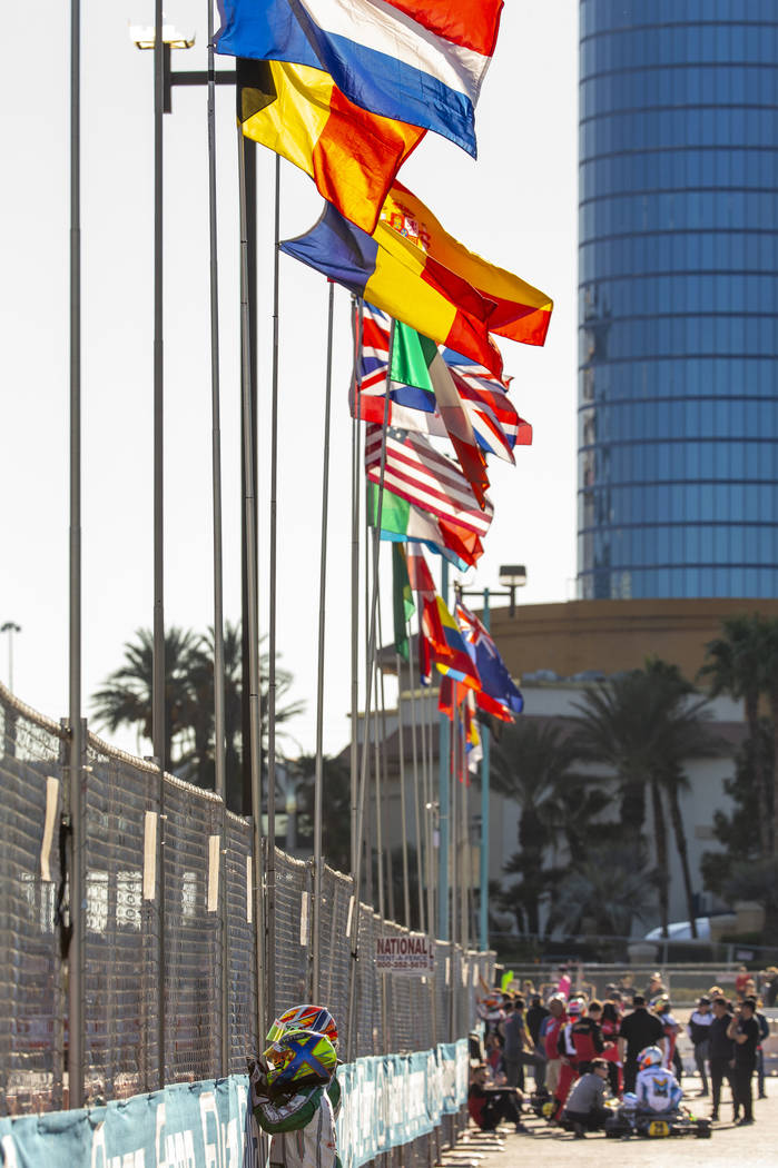 Flags of all participating driver's nationalities fly beside the track during the SKUSA SuperNa ...