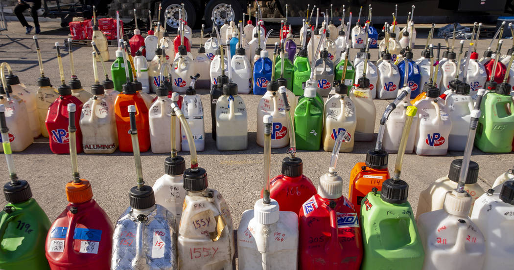 Gas jugs are ready for each team to use during the SKUSA SuperNationals at the Rio on Sunday, N ...