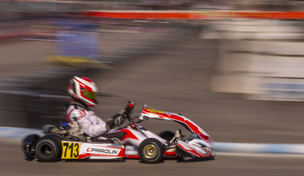 X30 Junior racer James Wharton pulls away from the pack on a turn during the SKUSA SuperNationa ...